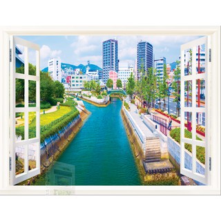 Tranh dán tường 3D cửa sổ phong cảnh thành phố - VẢI LỤA phủ kim sa (kích thước theo yêu cầu)