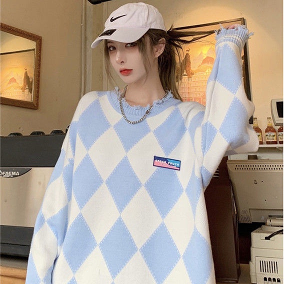 Áo len nữ kẻ sọc xanh rách tua tay dài hàn quốc form rộng thu đông tết ulzzang