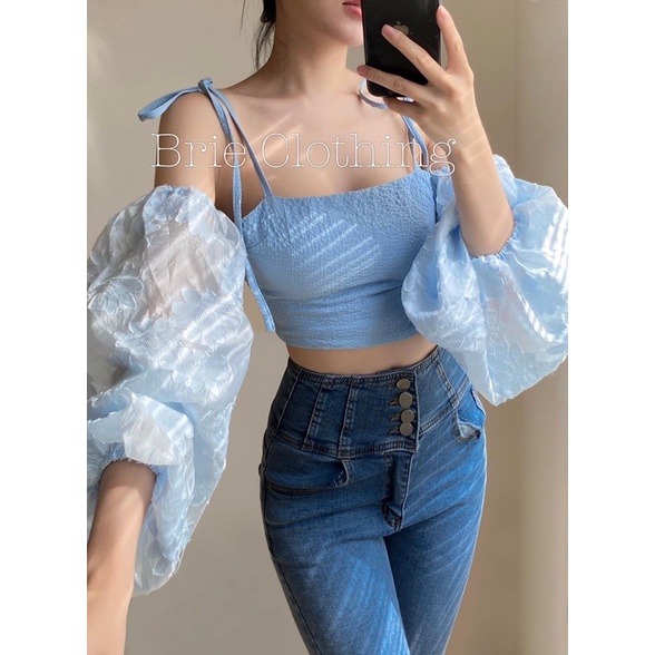 Áo croptop tay bồng hoa thêu nổi - BRIE CLOTHING