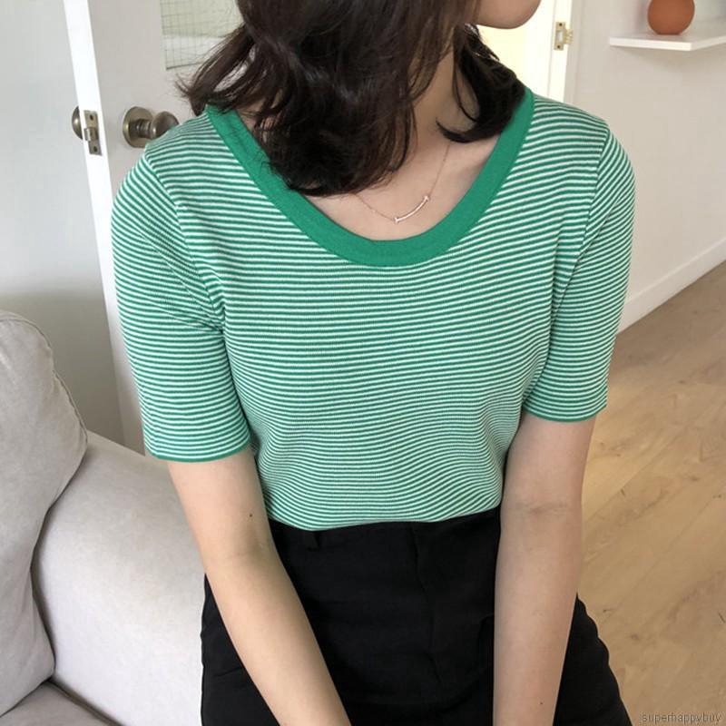 Áo Thun Nữ Ngắn Tay Cổ Chữ U Sọc Ngang Thời Trang