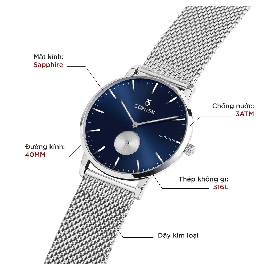 Đồng hồ nam Curnon Kashmir Swank dây kim loại chính hãng - thiết kế 3 kim thời trang