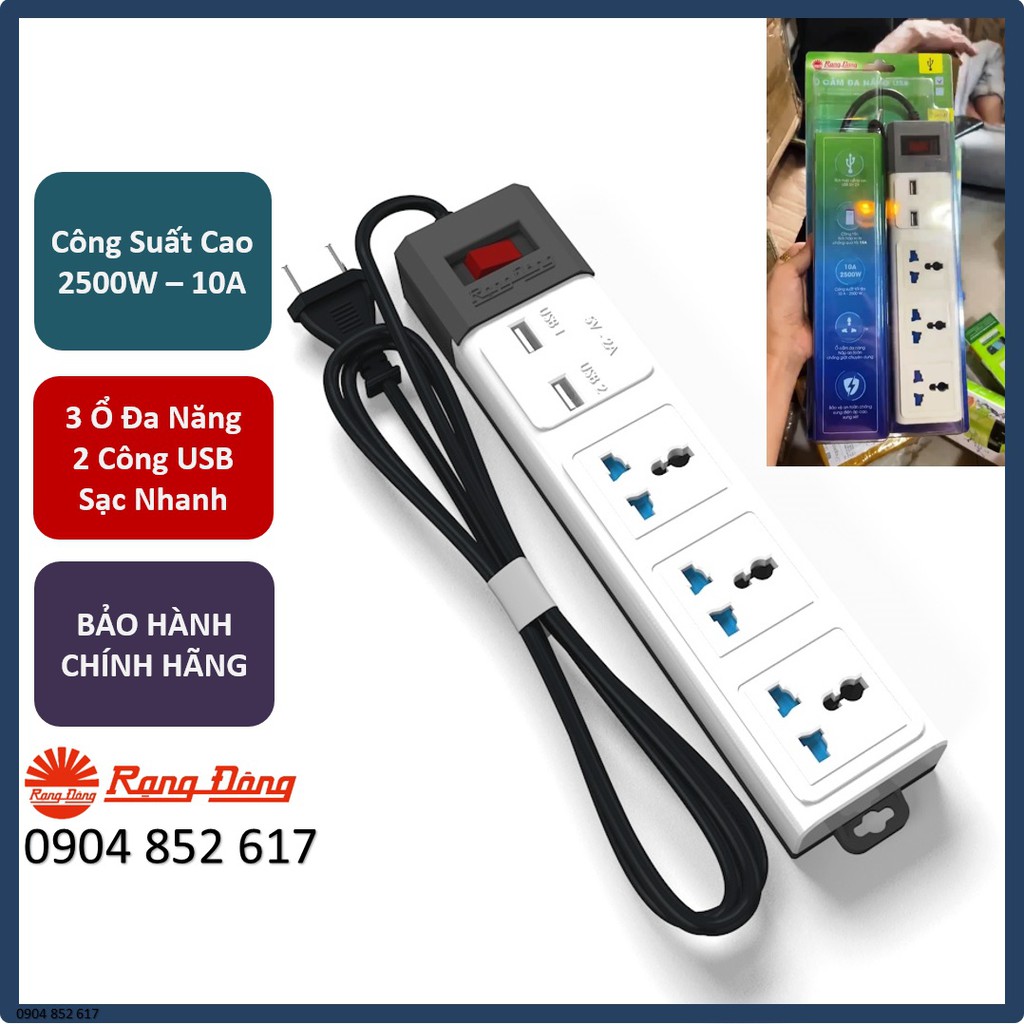 Ổ Cắm Điện Sạc Đa Năng Rạng Đông 2500W 2 Cổng USB, Sạc Nhanh 5V-2A, Tích Hợp Rơ Le Tự Ngắt, Dây Nối Dài 3M