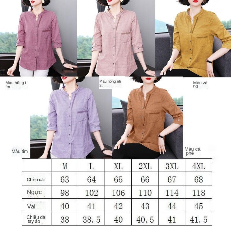 Áo sơ mi cotton tay lửng dáng rộng kẻ sọc caro thiết kế dành cho phụ nữ trung niên