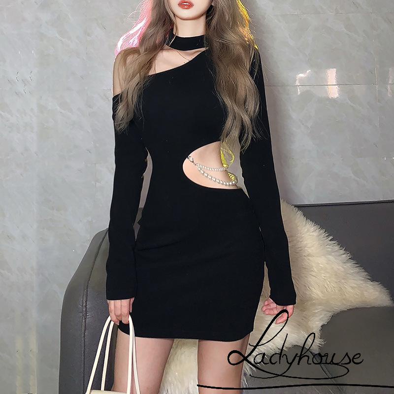 Đầm Ngắn Tay Dài Hở Vai Màu Trơn Đính Ngọc Trai Giả Thời Trang Mùa Thu Dành Cho Nữ