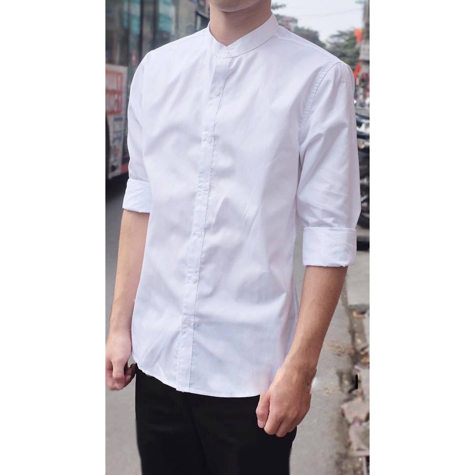 Sơ Mi Nam Cổ Tàu Chất Lụa Mịn Màu Đen Dáng Body Lịch Lãm | BigBuy360 - bigbuy360.vn