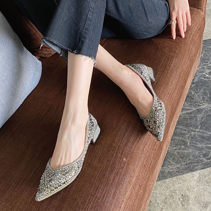 Giày Cao Gót 3cm Mũi Nhọn Gót Dày Thấp Thời Trang Hàn Quốc Mới