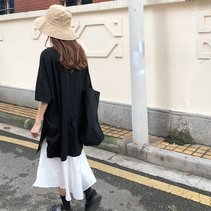 [CÓ SẴN] Đầm thun đen suông phối chân váy trắng xòe cá tính phong cách Hàn Quốc