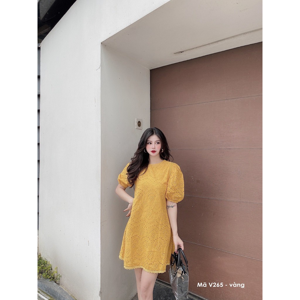 Váy suông phối ren, cổ tròn, tay phồng bo chun, đầm xuông freesize 3 màu vàng, trắng, be mã V265 - Michi's House