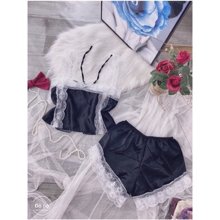 Bộ ngủ hai dây chất lụa phối ren xẻ lưng cột dây