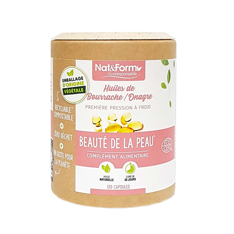 Viên uống đẹp da hữu cơ gồm vitamin E, dầu hoa anh thảo, hoa lưu ly ép lạnh.