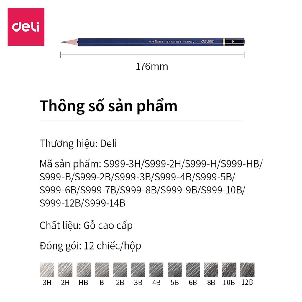 Bút chì phác thảo cao cấp Deli | Độ cứng từ B - 14B, H, 2H, 3H, HB - chì vẽ tranh - Nuevo S999 - 1 chiếc