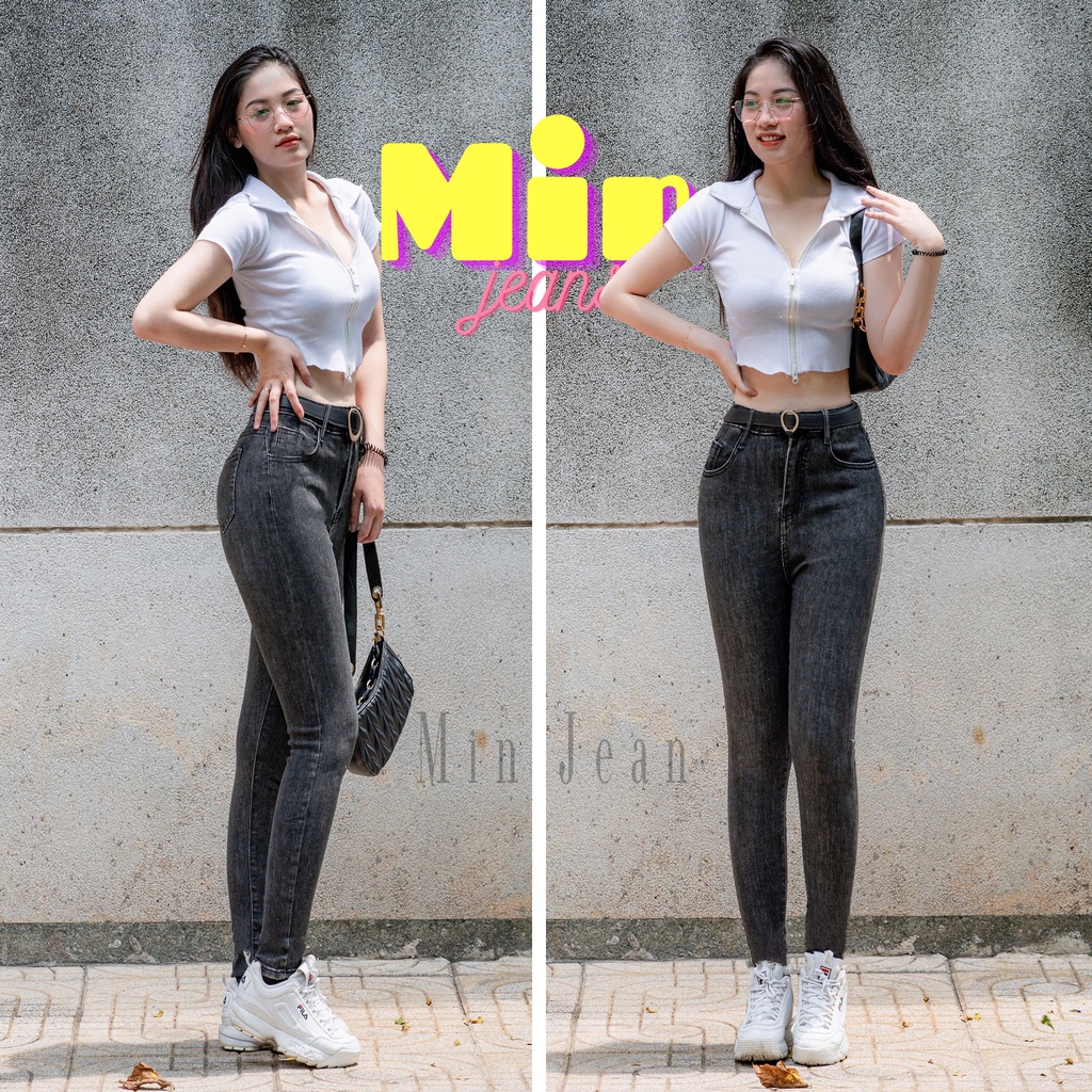 Quần Jean Nữ Skinny Basic Co Giãn MINJEAN M02, Quần Bò Cạp Cao Dáng Ôm Trơn Dài