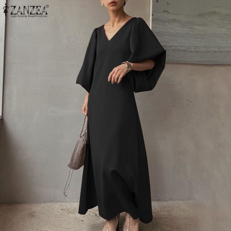 ZANZEA Đầm Maxi ZANZEA Cổ Chữ V Tay Phồng Màu Trơn Nữ Tính DỄ Thương | BigBuy360 - bigbuy360.vn