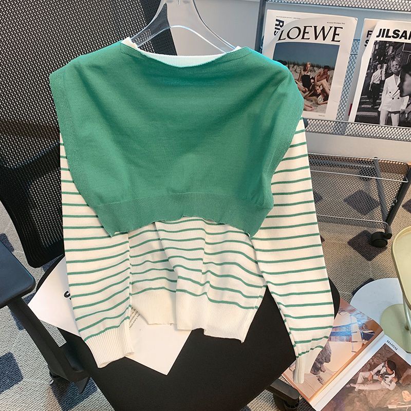 Áo Sweater Dệt Kim Tay Dài Dáng Rộng Họa Tiết Kẻ Sọc Màu Sắc Tương Phản Thời Trang Mùa Thu