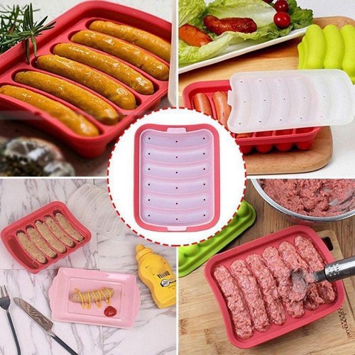 Khuôn làm xúc xích bằng silicon chịu nhiệt có nắp đậy, 6 ngăn đều đẹp, tiện dụng