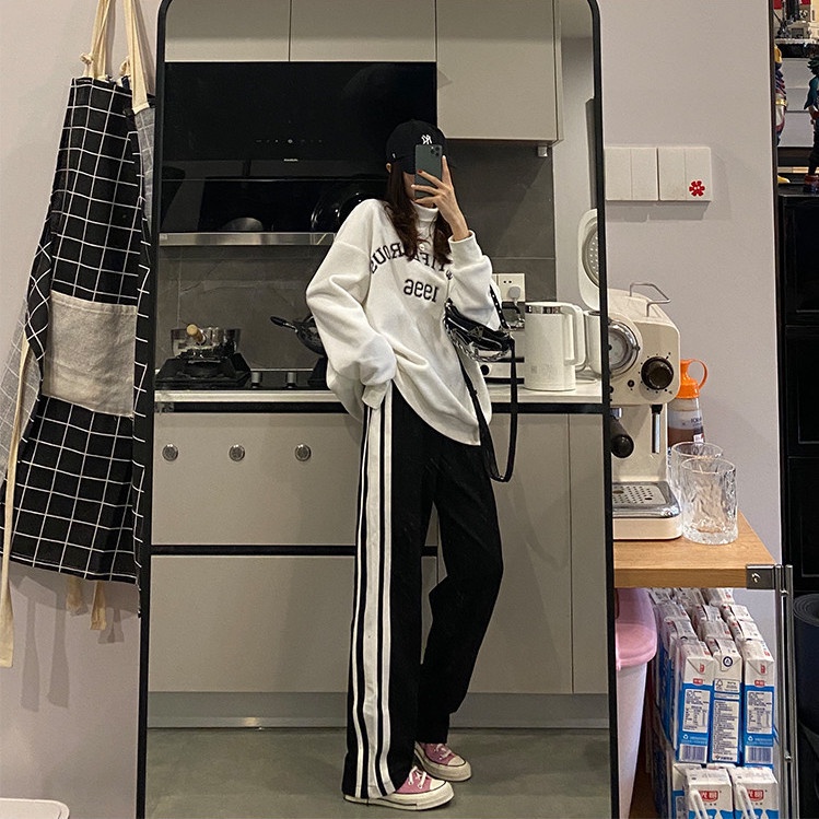 Quần dài ống rộng suông thẳng họa tiết kẻ sọc thời trang thường ngày cho nữ/bé gái