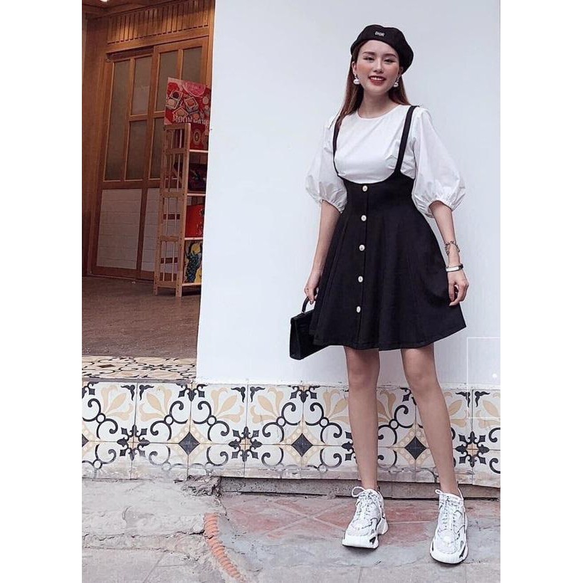 Set Chân Váy Yếm Hai Dây Kết Hợp Áo Thun Trơn Tina Fashion WM VAÁo hai dây