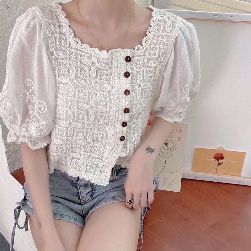 AMOI Áo Sơ Mi Tay Ngắn Cổ Vuông Thêu Họa Tiết Phong Cách Pháp Thời Trang Cho Nữ