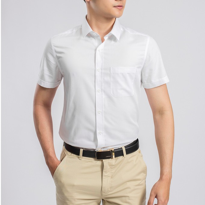 Áo Sơ Mi Nam Tay Ngắn Aristino ASS059S9 Màu Trắng Dệt Ô Trám Dáng Regular Fit Vải Sợi Tre