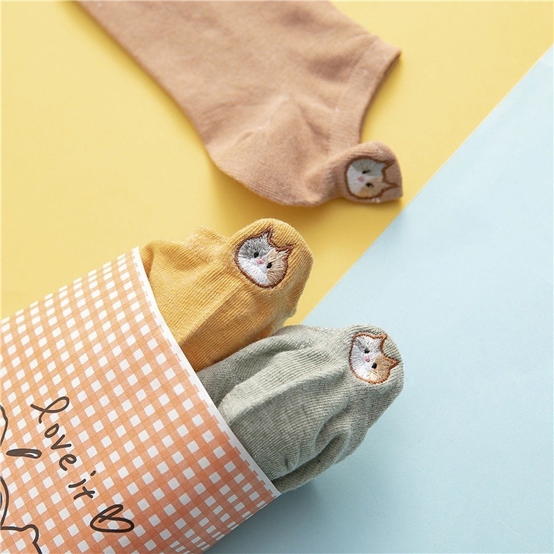 1 Đôi Vớ Cotton Cổ Thấp Mềm Mại Thêu Hình Mèo Dễ Thương Thoáng Khí Khử Mùi Cho Nữ