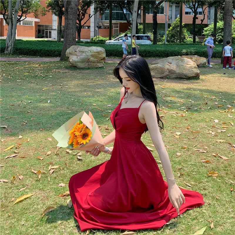 Đầm midi hai dây dáng chữ A lưng cao màu đỏ phong cách mới Pháp size lớn 2021