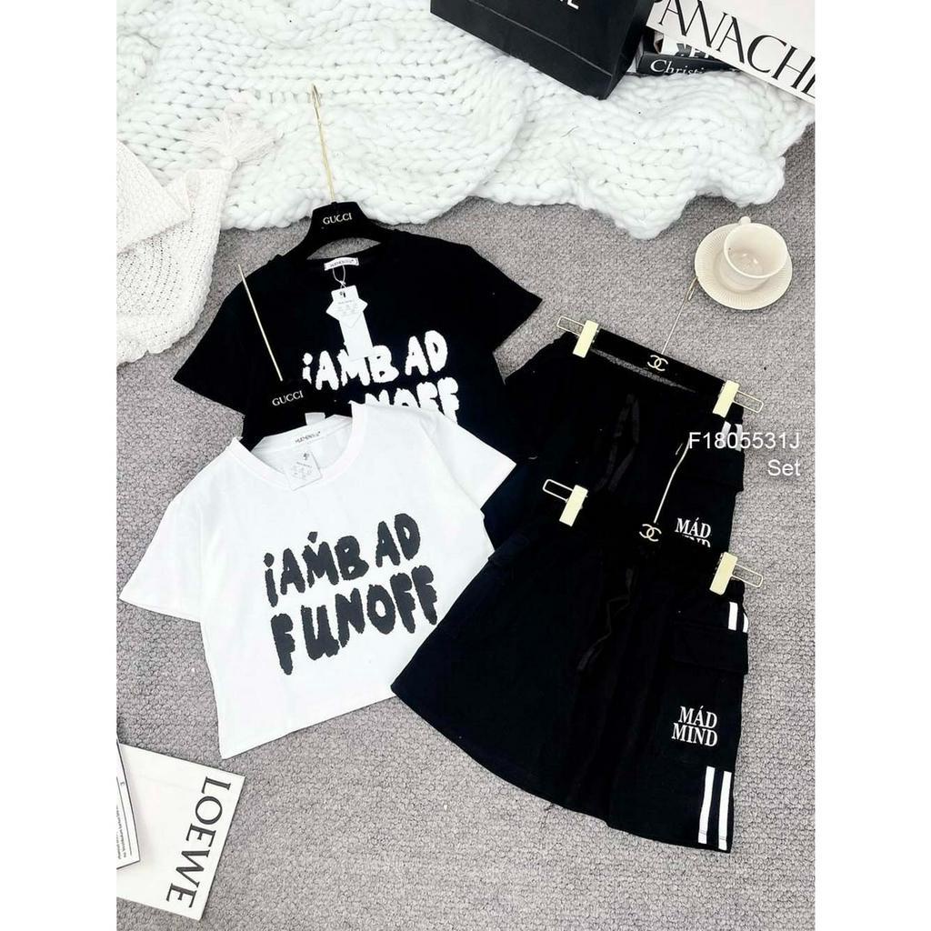 Set bộ thun thể thao áo dáng ngắn in chữ tay con kèm chân váy pha sọc trắng hai bên!