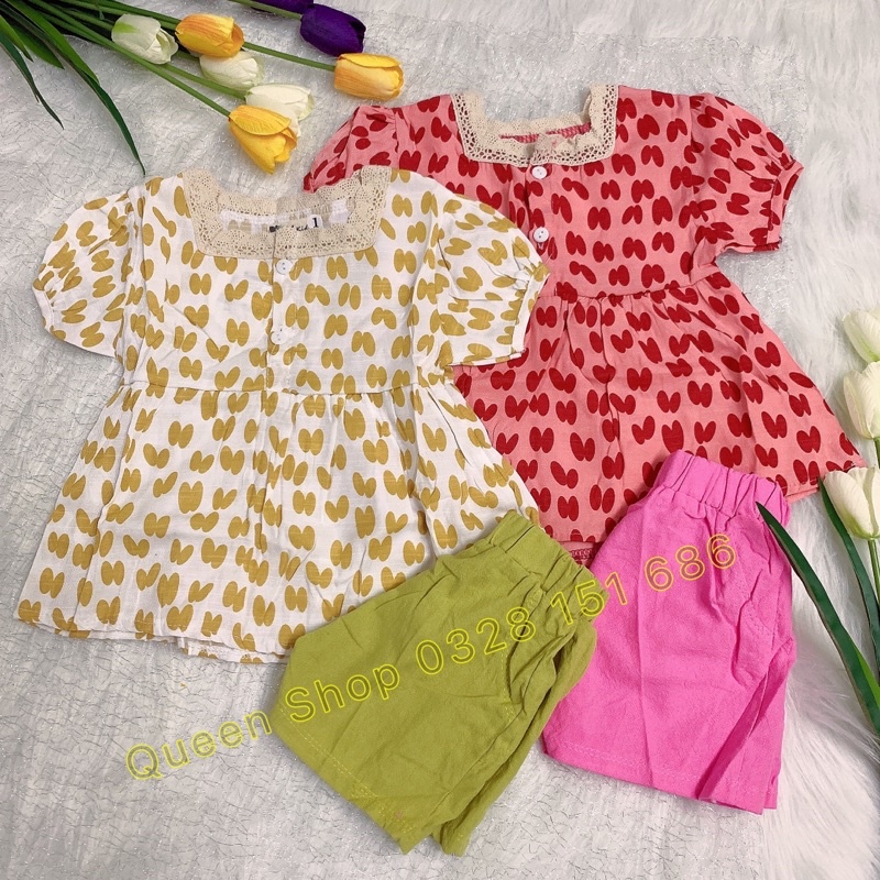 bộ đũi Tim cộc tay- cổ tròn phối Ren siêu xinh - đủ size cho bé từ 15 -25 kg