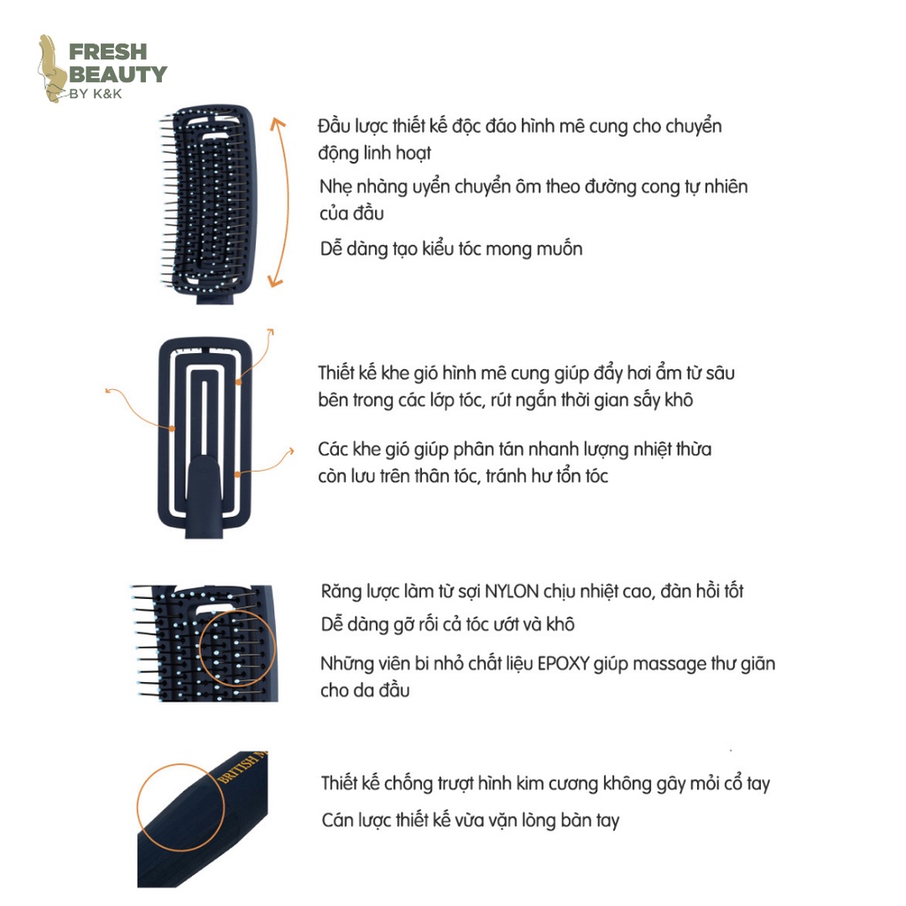 Lược bán nguyệt BRITISH M Flex Gentle Brush gỡ rối nhẹ nhàng, không rụng gãy tóc, sấy tạo kiểu và làm khô nhanh tóc