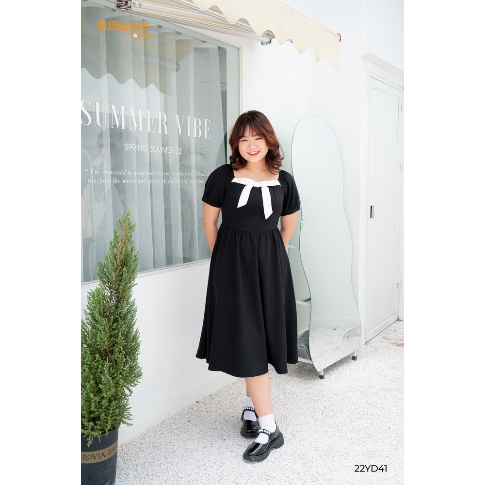 Đầm dáng xoè cổ vuông nơ trắng BIGSIZE (55kg đến 95kg) - 22YD41 - BU Bigsize Young