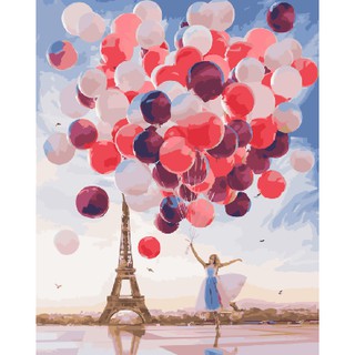 Tranh sơn dầu số hóa tô màu theo số Myart Tranh Cô gái cầm chùm bóng Tháp Eiffel Paris CN0891