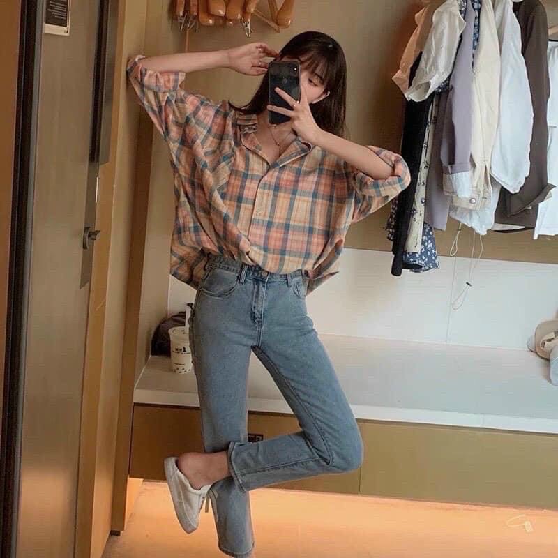 Đồ bộ sơ mi ngố tay dài mặc ở nhà đi dạo phố dễ thương
