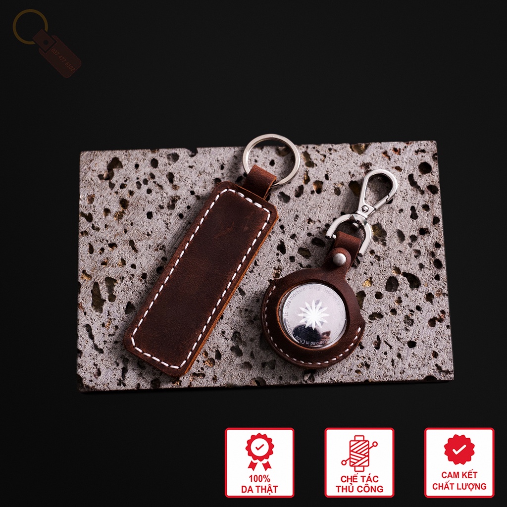 Combo 2 Món: Móc Khóa + Bao Đựng Airtag - Da Sáp Ngựa Điên Crazy Horse