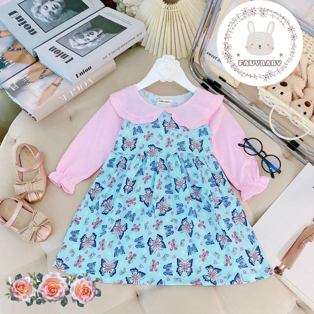 Váy Đầm Bé Gái MINKY MOM Chính Hãng COTTON Tay Dài Phối Cổ Lá Sen Đáng Yêu Hoa Văn Cute Bé 0 1 2 3 4 5 Tuổi - Favybaby