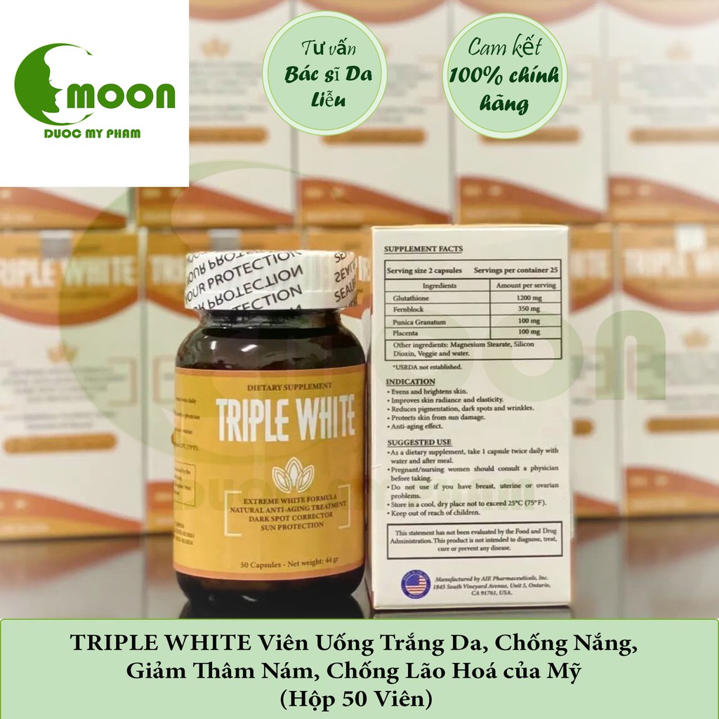 [CHÍNH HÃNG] TRIPLE WHITE Viên Uống Trắng Da, Chống Nắng, Giảm Thâm Nám, Chống Lão Hoá của Mỹ (Hộp 50 Viên)