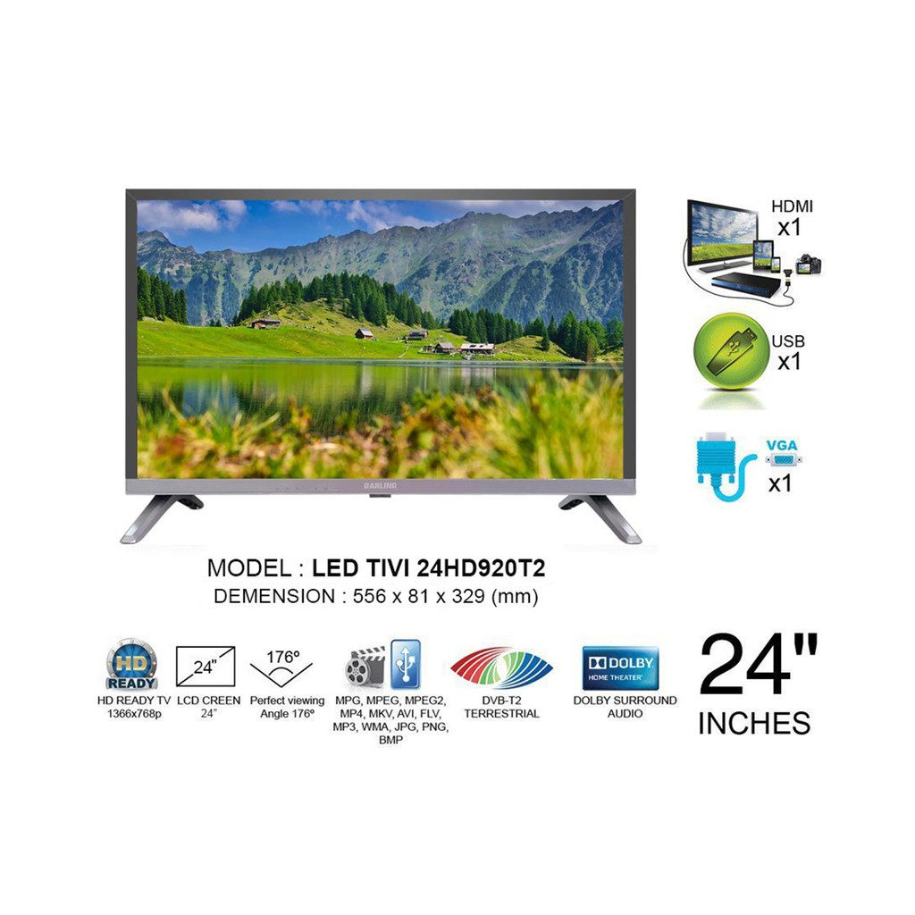 Tivi Led Darling 24 inch HD 24HD920T2 HDMI, VGA, AV, DVB-T2, Tivi Giá Rẻ - Hàng Chính Hãng