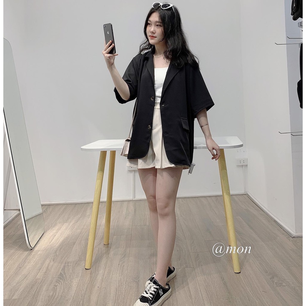 2101486 Áo blazer ngắn tay cho nữ ulzzang phong cách hàn quốc freesize chất voan cát mềm mát | BigBuy360 - bigbuy360.vn