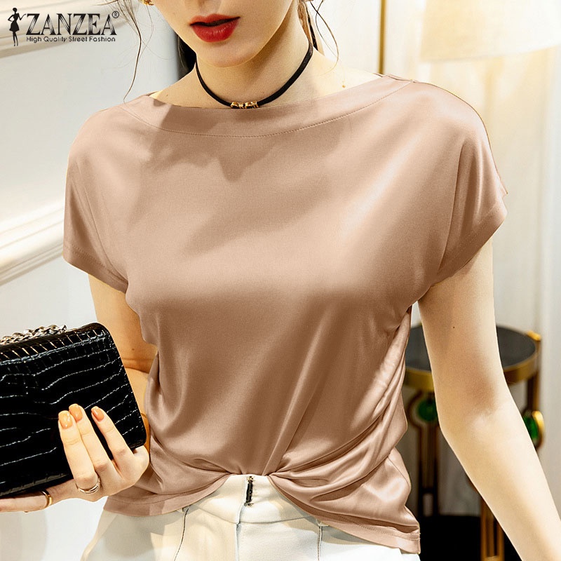 Áo thun Zanzea tay ngắn cổ tròn màu trơn thời trang cho nữ