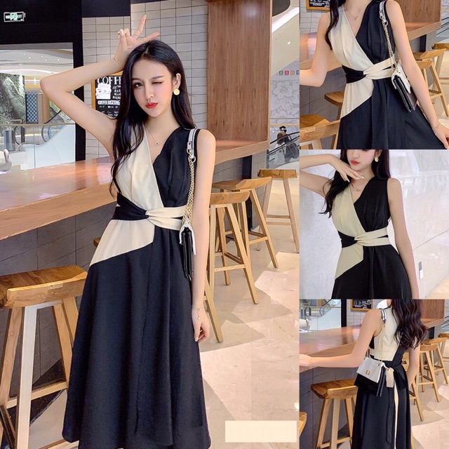 Đầm xoè dự tiệc sát nách cổ đắp chéo phối màu siêu xinh kèm dây buộc eo