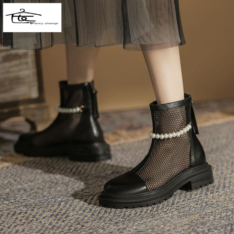 Giày Bốt Martin Bằng Da Bò Phối Lưới Đính Ngọc Trai Thời Trang Xuân Hè 2022 Cho Nữ