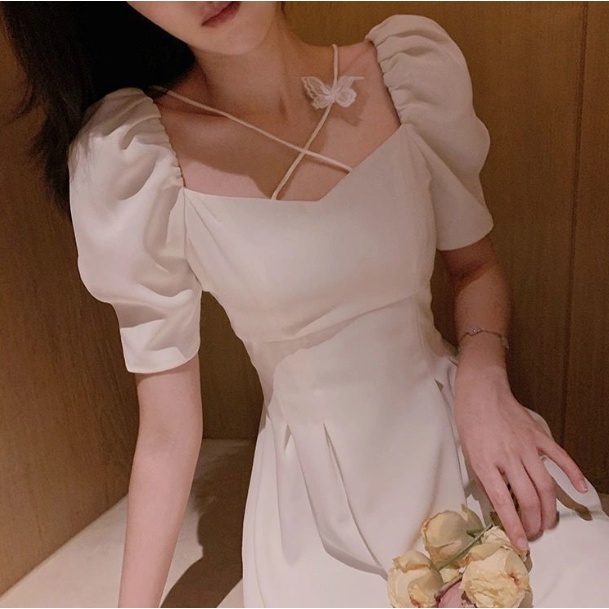 [MURIOKI] Đầm Dự Tiệc Dáng Dài Cổ Vuông Màu Trắng Phong Cách Pháp Thời Trang Sang Trọng Cho Nữ đầm đi chơi nước ngoài