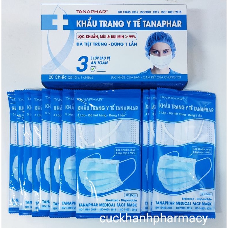 Hộp khẩu trang y tế Tanaphar 3 lớp, 20 chiếc, màu trắng, đã tiệt trùng