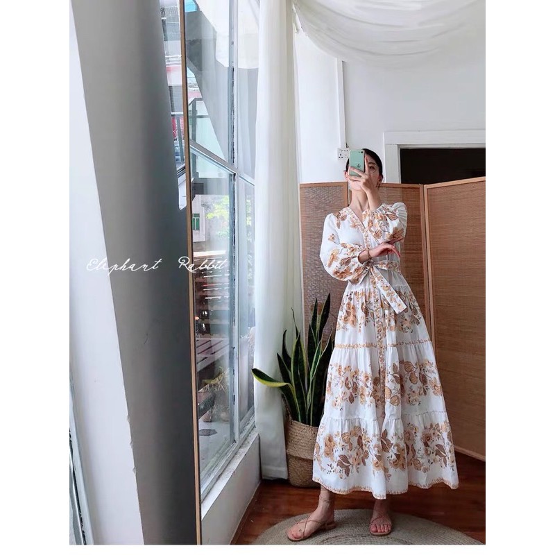 (Ảnh thật)(sẵn) Váy đầm maxi boho thổ cẩm dáng dài vintage cổ V thắt eo hoạ tiết hoa vàng đi du lịch đi chơi đi biển