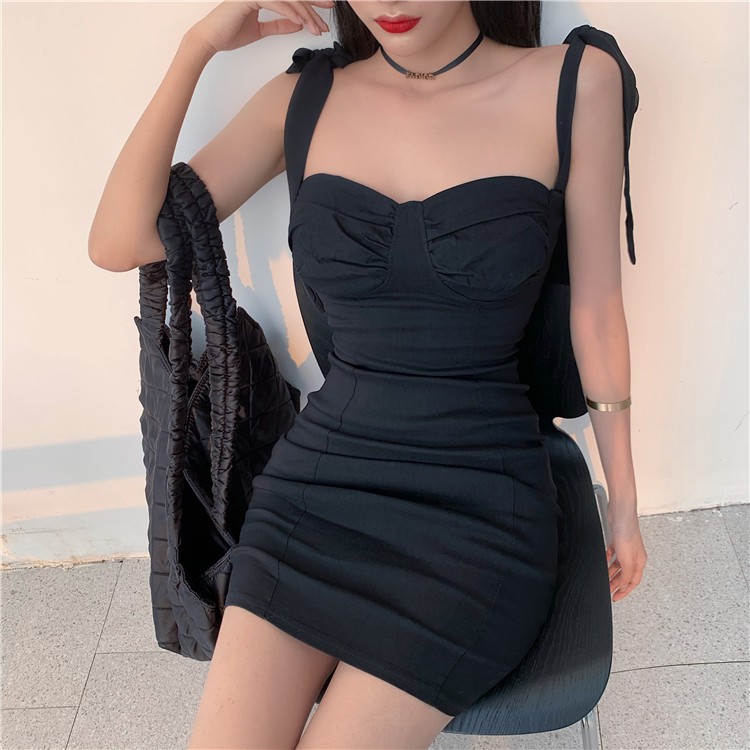 [CÓ SẴN] Đầm body đen hai dây thắt nơ
