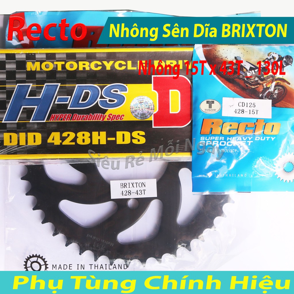 Nhông Sên Dĩa Recto Brixton 125, 150cc, Winner150cc, Sonic Sên Đen 130L 10ly DID HDS Thái Lan 15T x 43T