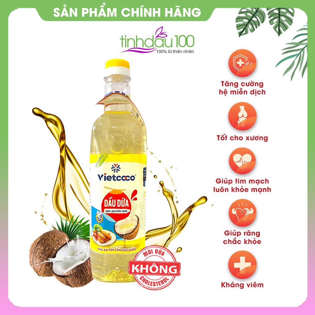 Dầu dừa nấu ăn VietCoco không Cholesterol, tốt cho tim mạch, nguyên chất 100% từ cơm dừa 1 lít Tinh Dầu 100 Shop