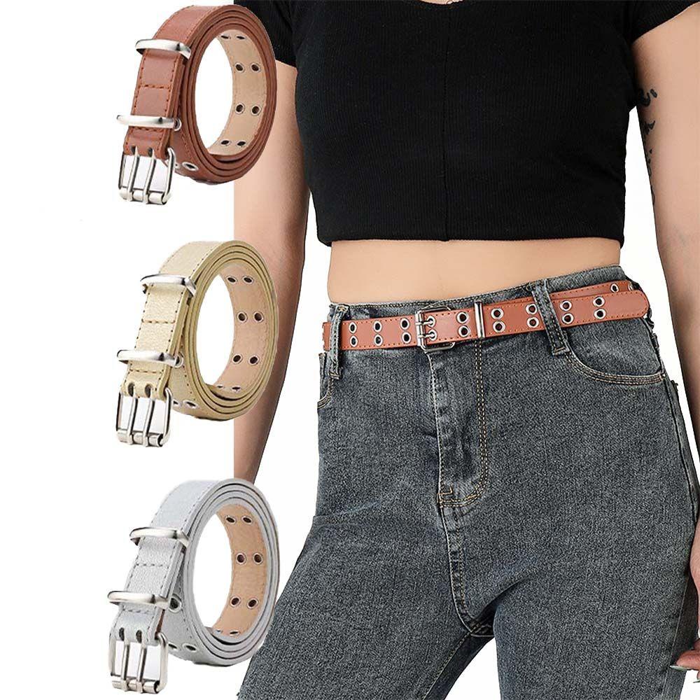 FORBETTER Thắt Lưng Da PU Thiết Kế Hai Hàng Lỗ Đơn Giản Phong Cách Punk Hàn Quốc Cho Nam Và Nữ