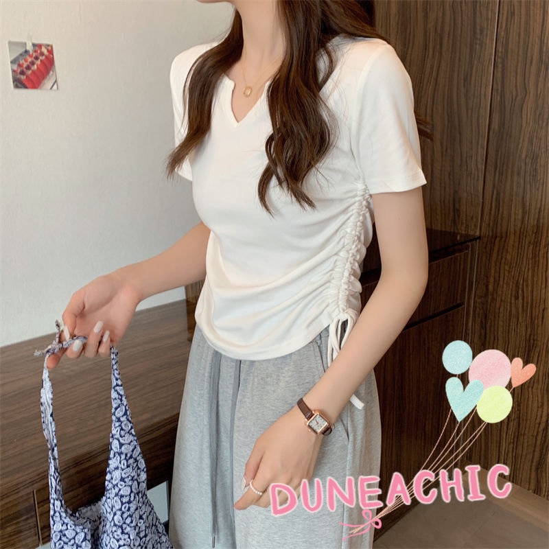 DUNEA Áo thun tay ngắn cổ chữ V phối dây rút thời trang cho nữ