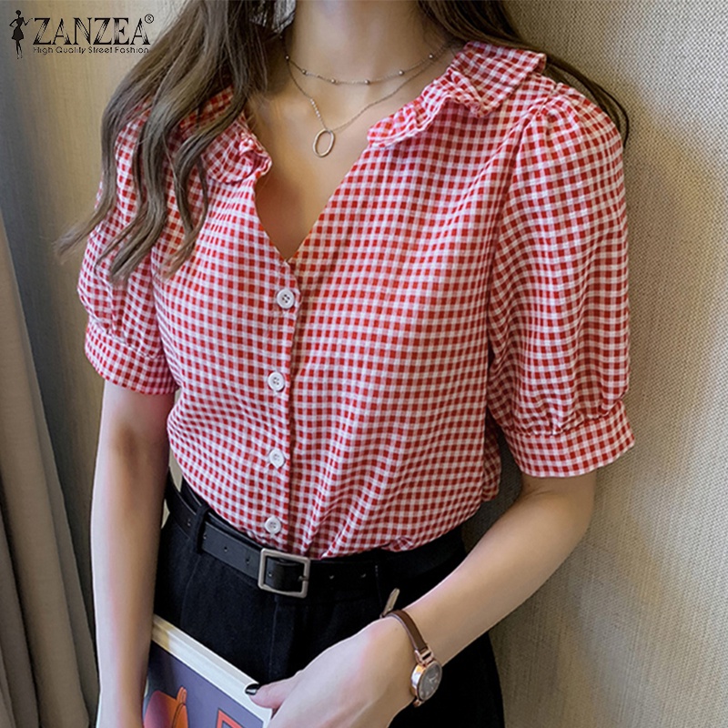 ZANZEA Áo Sơ Mi Tay Ngắn Cài Nút Họa Tiết Sọc Caro Thời Trang Cho Nữ