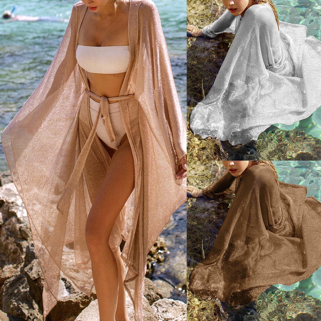 Áo Khoác Cardigan Dài Tay Chống Nắng Phối Lưới Sáng Bóng Đi Biển Quyến Rũ