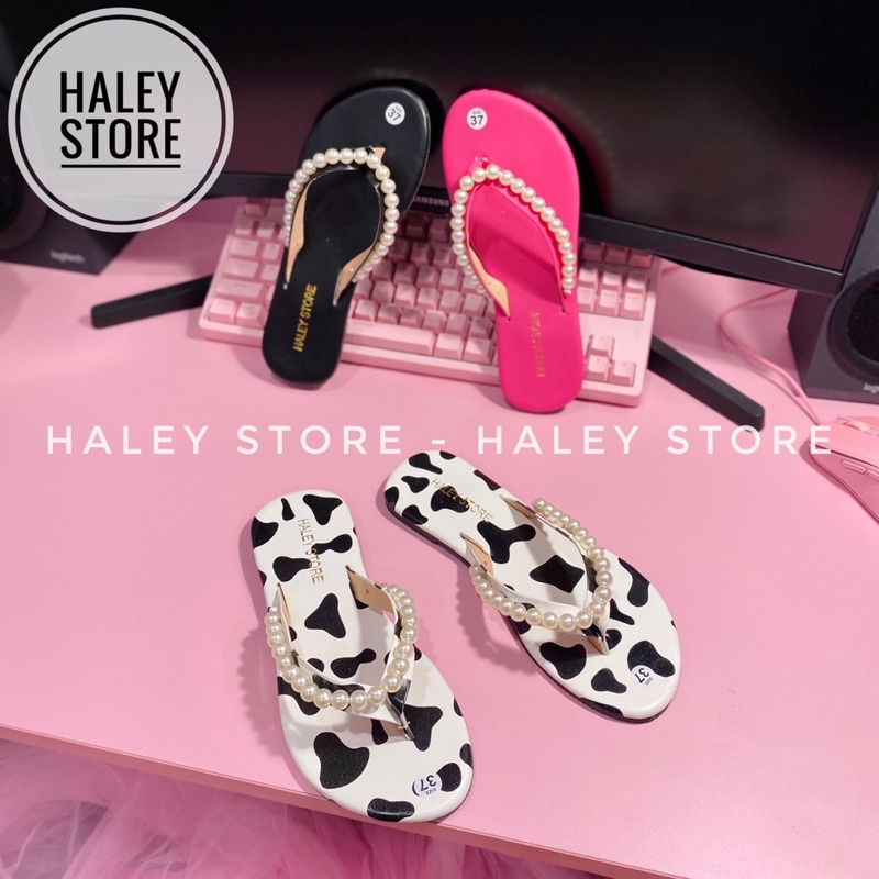 Dép nữ HALEY STORE đế bệt quai kẹp xỏ ngón đính ngọc nhiều màu bò sữa hồng hottrend đi đi chơi đi dạo đi biển